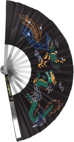 Unomor Vintage Chinese Silk Dragon Peony Kung Fu Folding Fan Handheld Metal Fan Dance Accessory