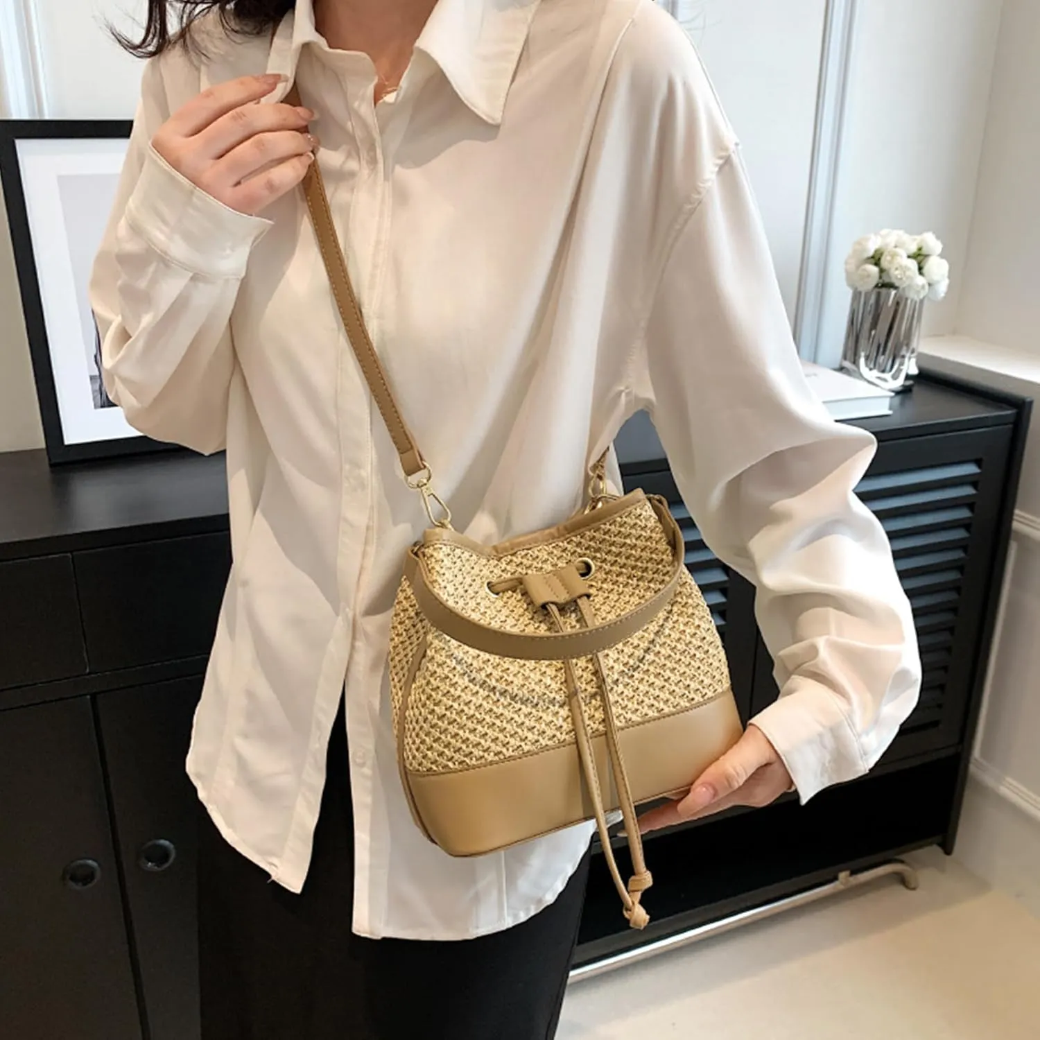 Van Caro Handwoven Cotton Straw Shoulder Bag Crochet Tassel Beach Bohemian Purse for Women