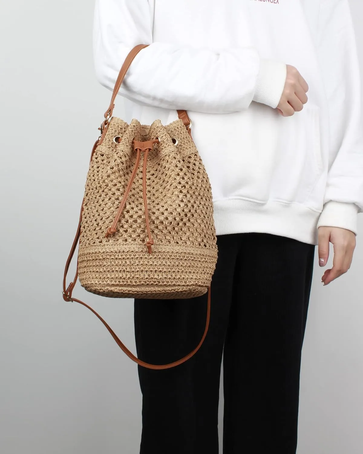 Van Caro Handwoven Cotton Straw Shoulder Bag Crochet Tassel Beach Bohemian Purse for Women
