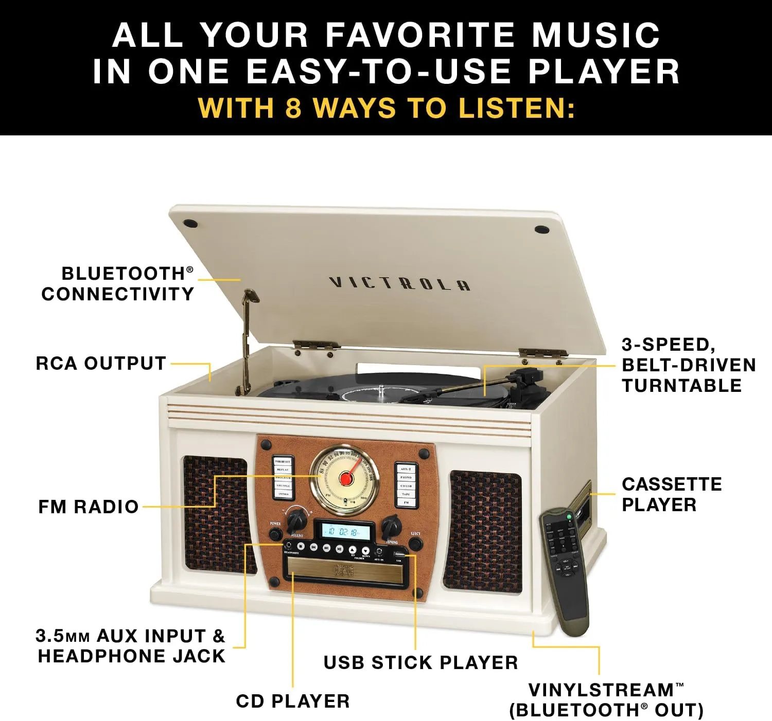 Victrola Navigator 8-in-1 Bluetooth Record Player with Built-in Speakers – 3 Speed, CD Player, Cassette, FM Radio, USB, RCA Out, Headphone Jack, Wireless Music Streaming, Real Wood, Espresso