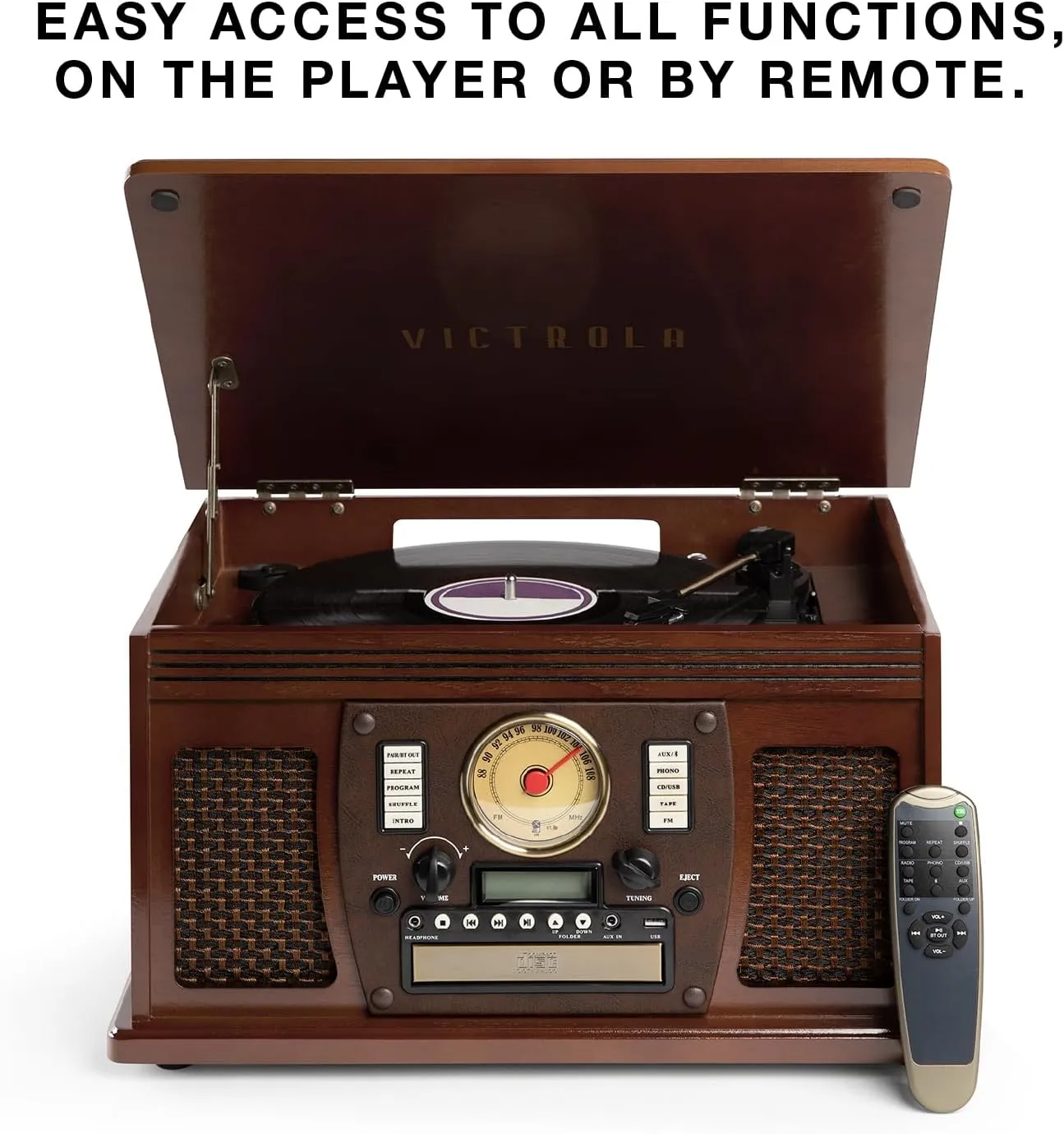 Victrola Navigator 8-in-1 Bluetooth Record Player with Built-in Speakers – 3 Speed, CD Player, Cassette, FM Radio, USB, RCA Out, Headphone Jack, Wireless Music Streaming, Real Wood, Espresso