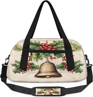 Vintage Christmas Flower Bells Waterproof Sports Gym Bag Portable Dance Gymnastics Work Out Bag Lightweight Travel Duffel Bag Overnight Weekender Bag