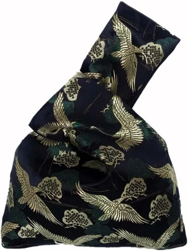 Vintage Japanese Yukata Kimono Crane Handbag Wristlet Bag - Small Coin Tote Handle Bag Knot Pouch for Women