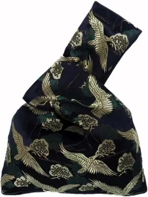 Vintage Japanese Yukata Kimono Crane Handbag Wristlet Bag - Small Coin Tote Handle Bag Knot Pouch for Women