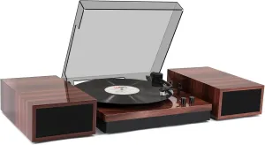 Vintage Record Player with Upgraded Hi-Fi Full-Range Speakers, Belt-Drive Turntable for Vinyl Records with Moving Magnetic Cartridge AT-3600L, Glossy Finish, Metal Tonearm, Wireless BT Input, Brown