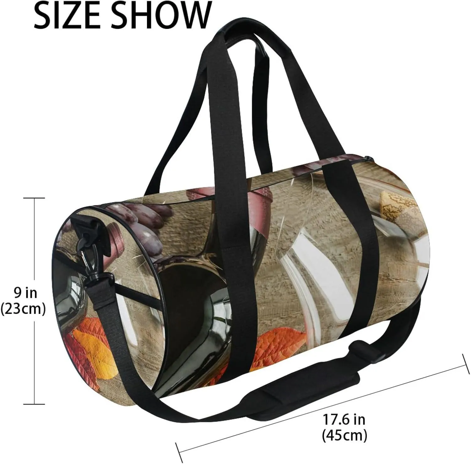 Vintage Red wine White Glasses Red Leaf Grapes Portable Gym Bag, Travel Bag, Luggage bag, Sports Bag, Toiletry Bag with Handles, Detachable Shoulder Strap 17.6 x 9 x 9 inch