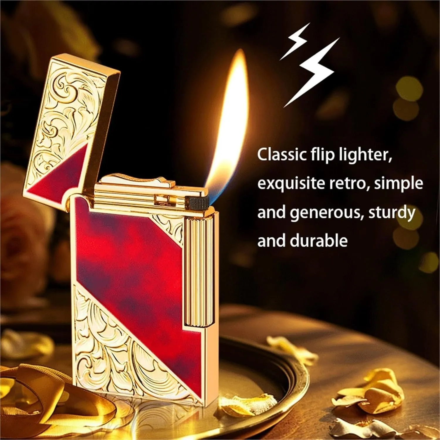 Vintage Side Slide Grinding Wheel Butane Lighters, Antique Embossed Metal, Classic Flip Top with Sound, Windproof Adjustable Flame, Refillable Gas Lighter for Travel Camping(Green)