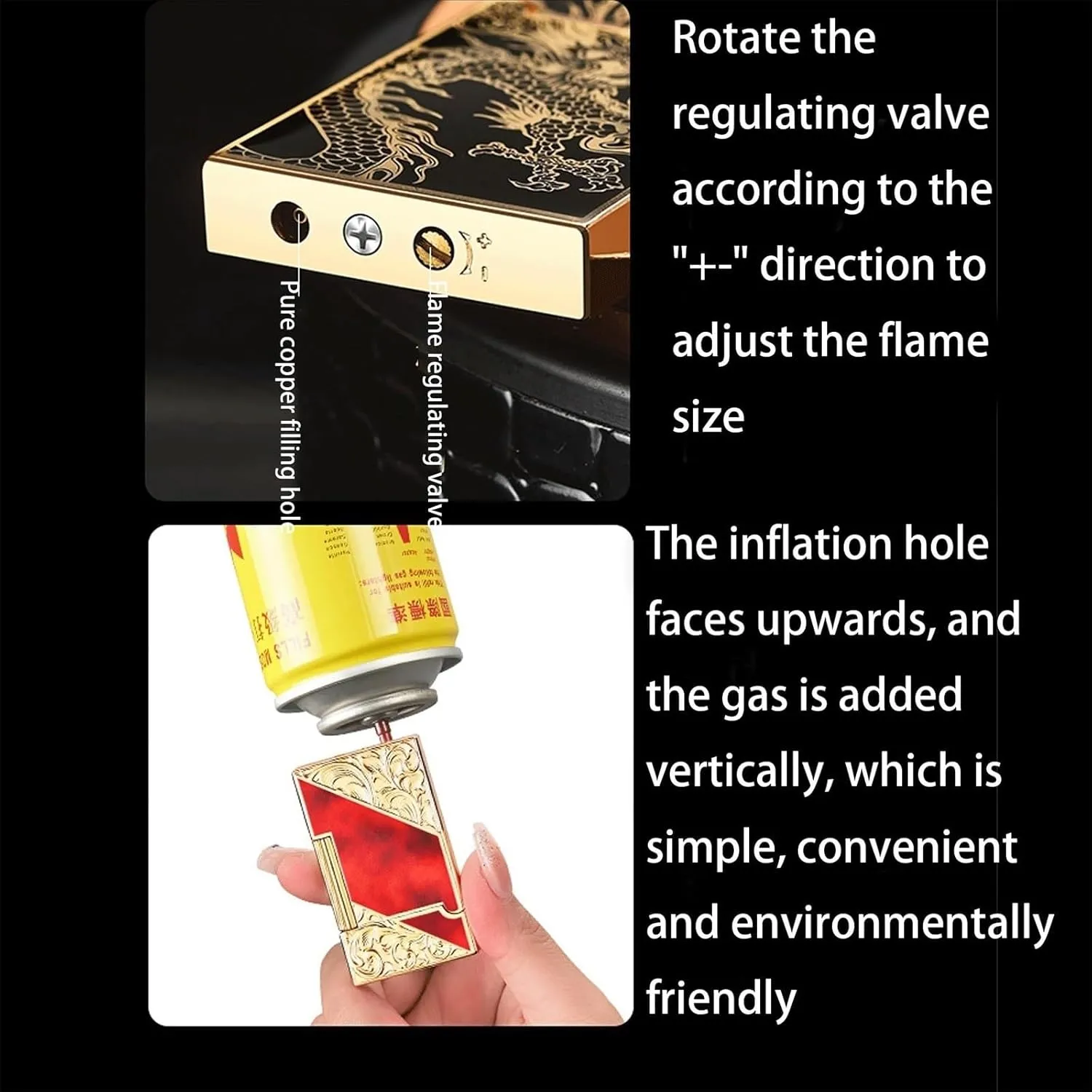 Vintage Side Slide Grinding Wheel Butane Lighters, Antique Embossed Metal, Classic Flip Top with Sound, Windproof Adjustable Flame, Refillable Gas Lighter for Travel Camping(Green)