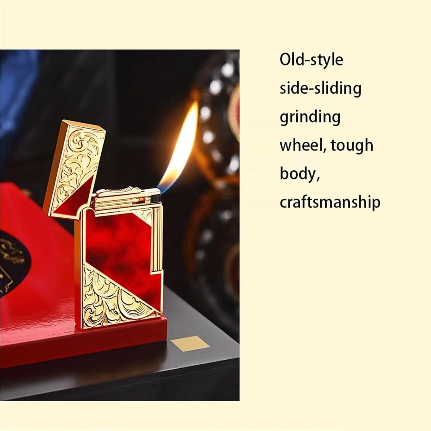 Vintage Side Slide Grinding Wheel Butane Lighters, Antique Embossed Metal, Classic Flip Top with Sound, Windproof Adjustable Flame, Refillable Gas Lighter for Travel Camping(Green)