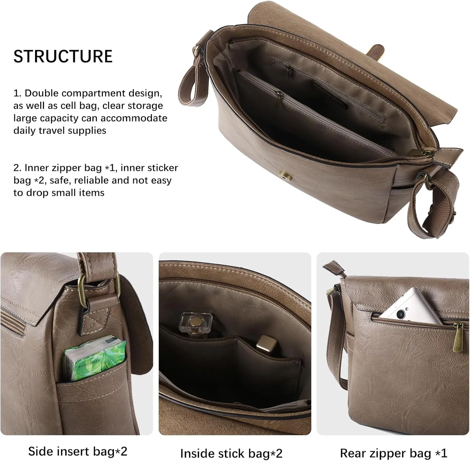 Vintage Style Vegan Leather Crossbody Bag, Brown Shoulder Purse with Built-in Wallet