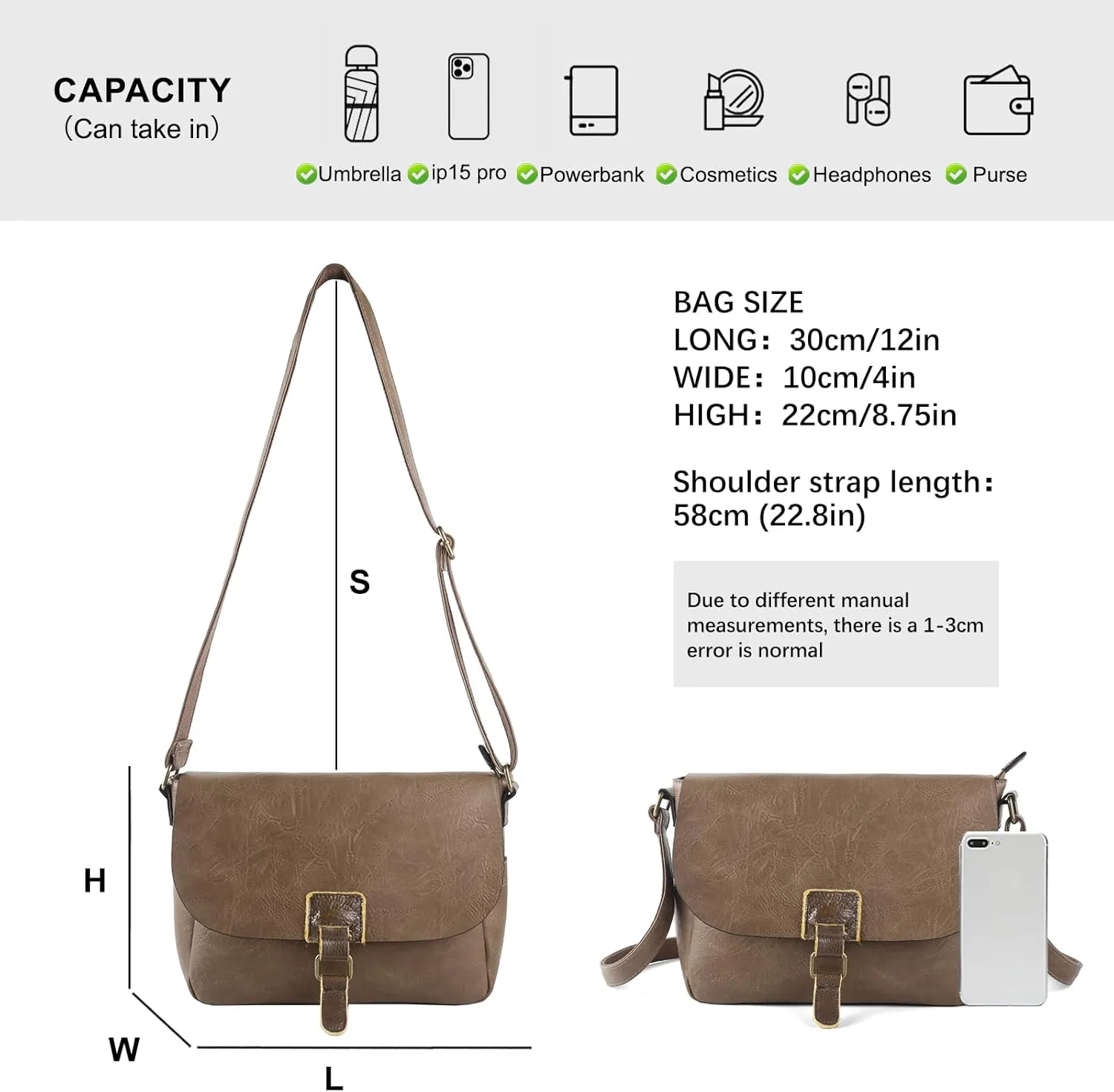 Vintage Style Vegan Leather Crossbody Bag, Brown Shoulder Purse with Built-in Wallet