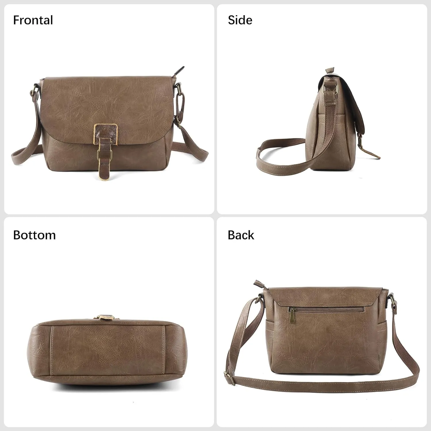 Vintage Style Vegan Leather Crossbody Bag, Brown Shoulder Purse with Built-in Wallet