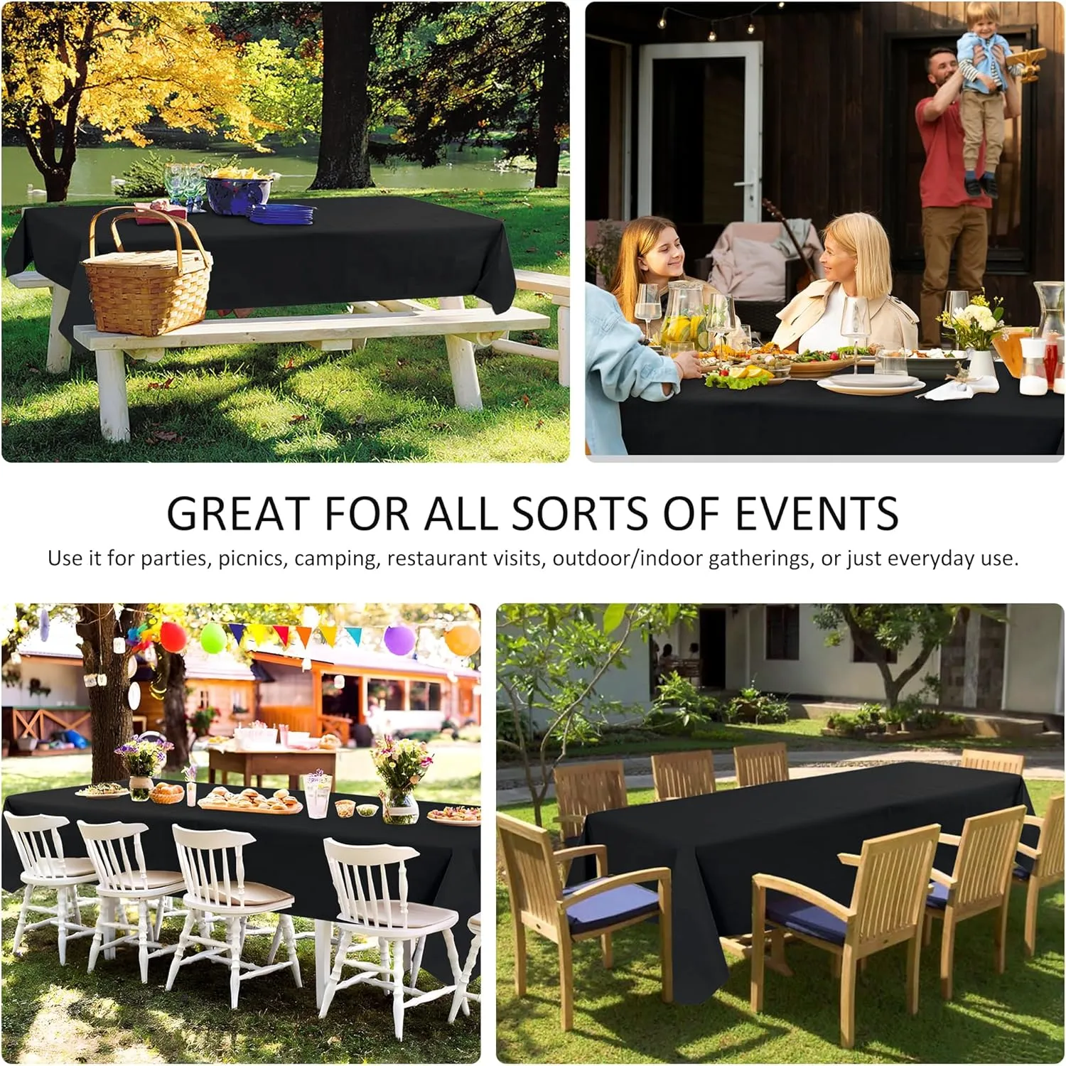 Vinyl Tablecloth with Flannel Backing-6 Pack Black 60x84 Inch Waterproof PEVA Table Cloth Outdoor Plastic Table Sheets-Wipeable Spillproof Oilcloth Covers for Picnic Party Camping Dining