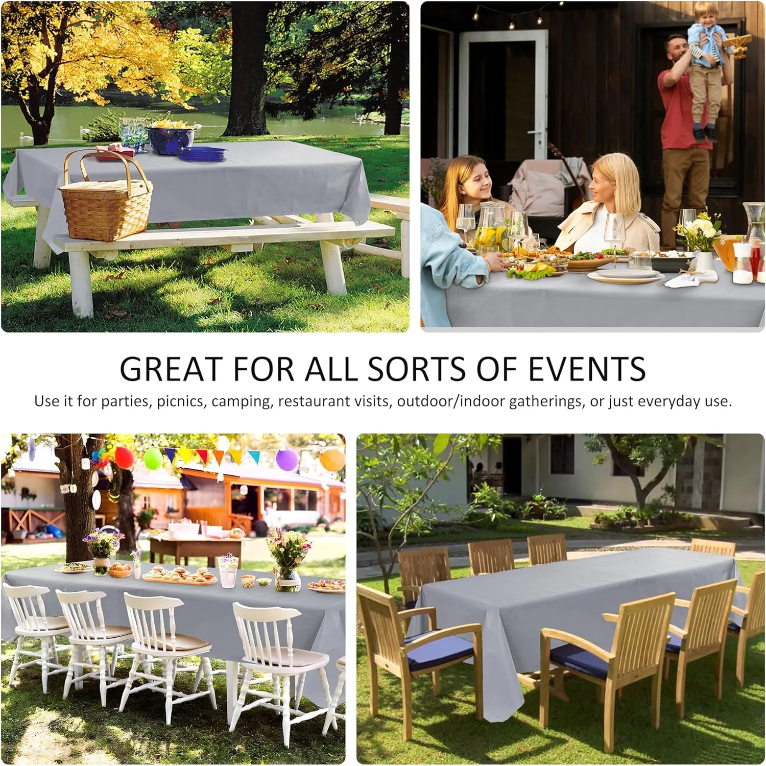 Vinyl Tablecloth with Flannel Backing-6 Pack Grey 60x84 Inch Waterproof PEVA Table Cloth Outdoor Plastic Table Sheets-Wipeable Spillproof Oilcloth Covers for Picnic Party Camping Dining