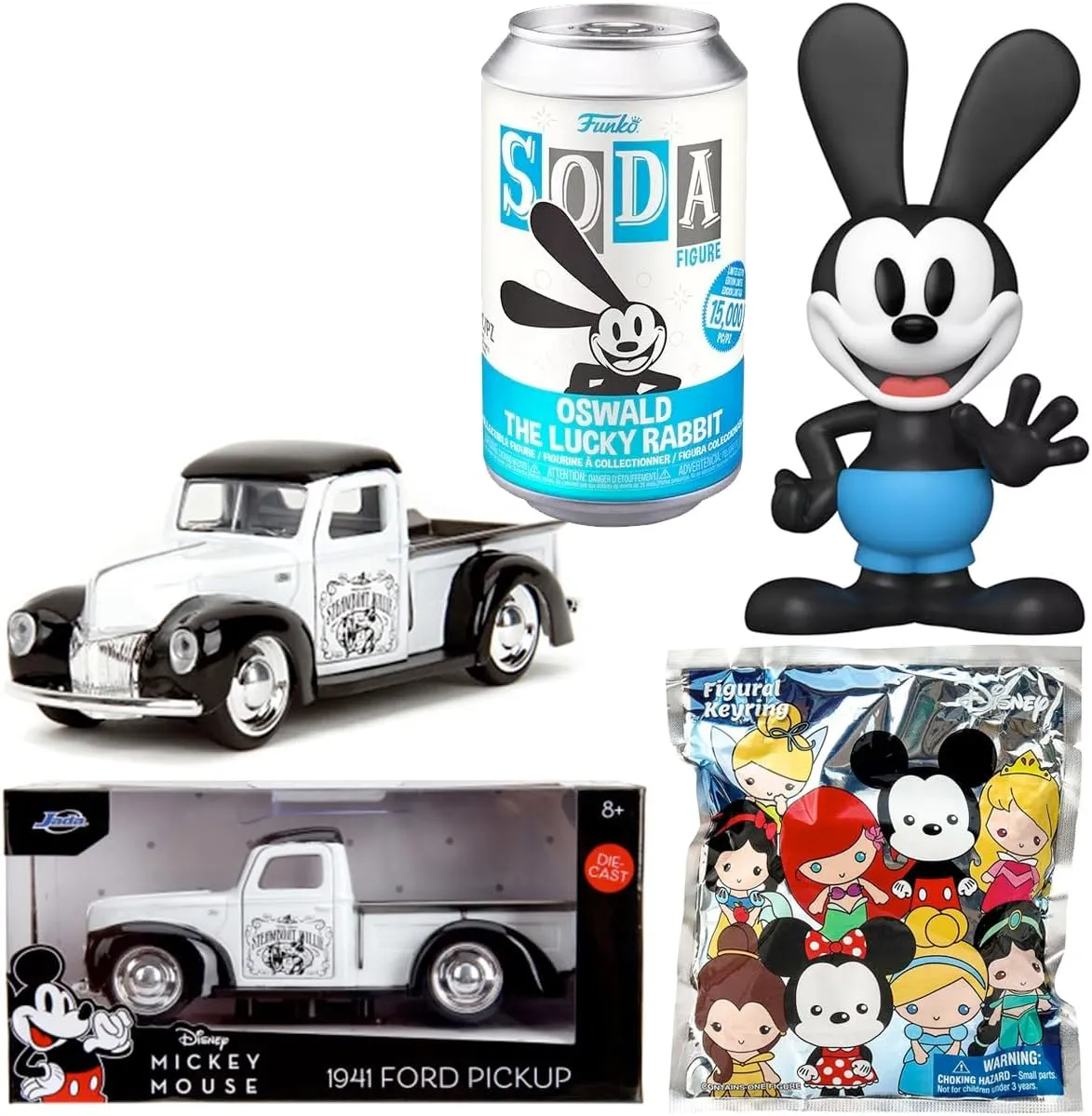Walt Figures Disney Black White Bundled with Steamboat Willie Mickey Mouse   Classic icon Series Original Oswald Lucky Rabbit Soda   Figural Blind Bag Character Hanger 3-Items