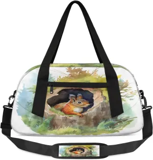 Watercolor Stump Squirrel Waterproof Sports Gym Bag Portable Dance Gymnastics Work Out Bag Lightweight Travel Duffel Bag Overnight Weekender Bag