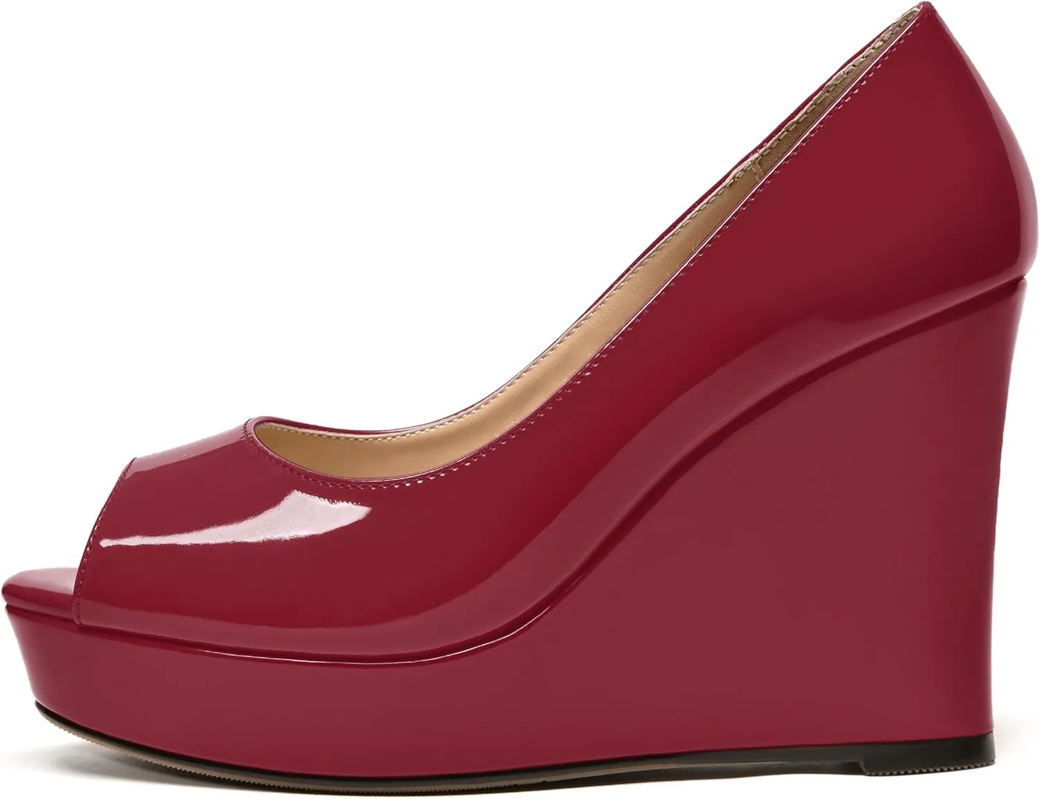 WAYDERNS Womens Slip On Patent Peep Toe Solid Wedding Dress Wedge High Heel Pumps Shoes 4 Inch Platform