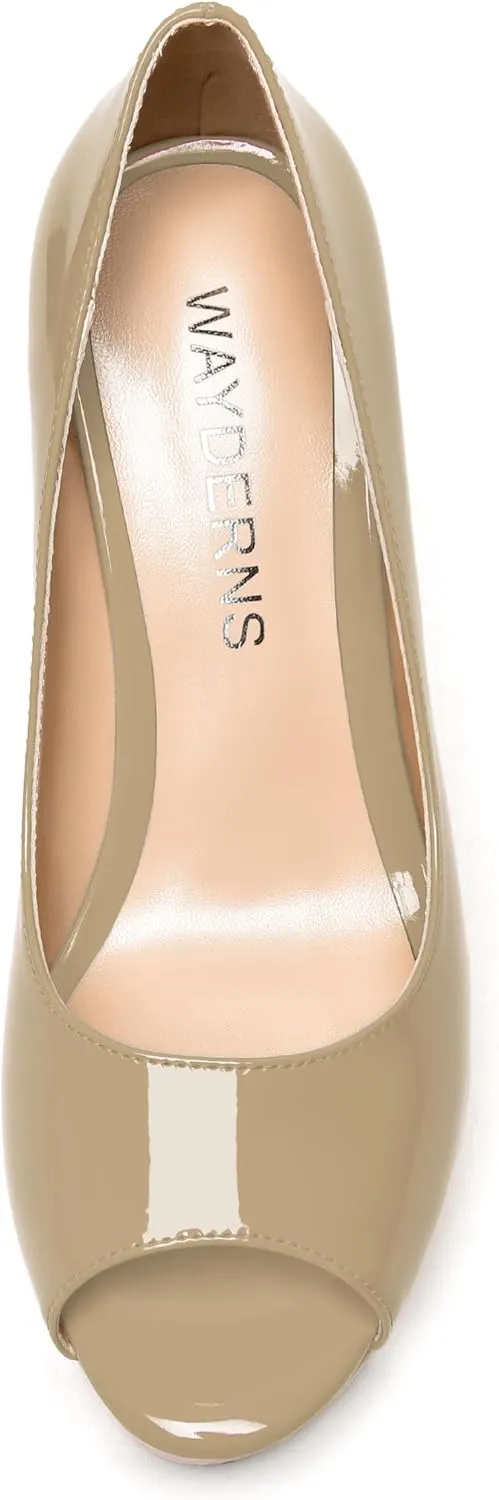 WAYDERNS Womens Slip On Patent Peep Toe Solid Wedding Dress Wedge High Heel Pumps Shoes 4 Inch Platform