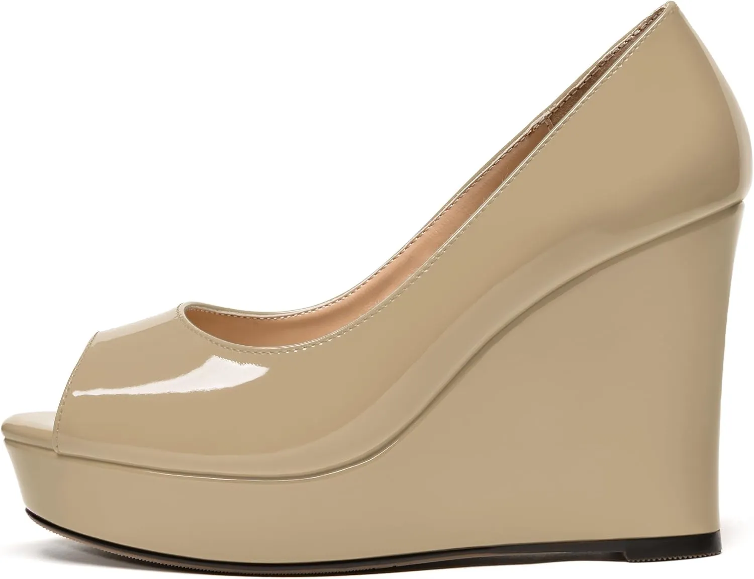 WAYDERNS Womens Slip On Patent Peep Toe Solid Wedding Dress Wedge High Heel Pumps Shoes 4 Inch Platform