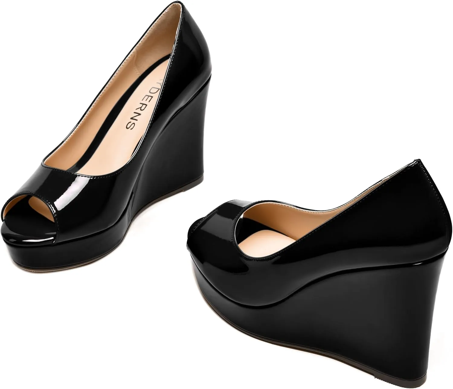 WAYDERNS Womens Slip On Patent Peep Toe Solid Wedding Dress Wedge High Heel Pumps Shoes 4 Inch Platform