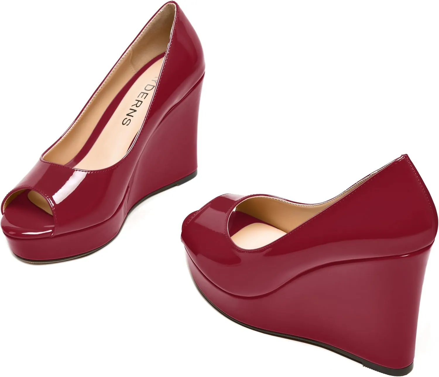 WAYDERNS Womens Slip On Patent Peep Toe Solid Wedding Dress Wedge High Heel Pumps Shoes 4 Inch Platform