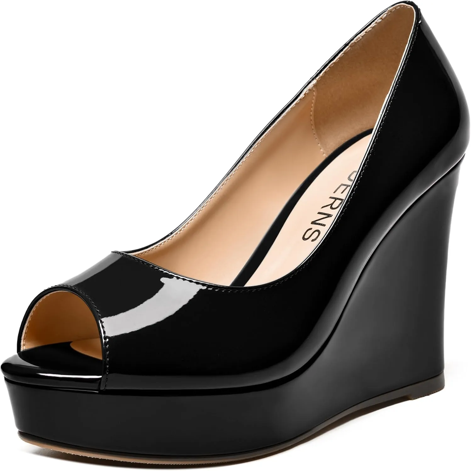 WAYDERNS Womens Slip On Patent Peep Toe Solid Wedding Dress Wedge High Heel Pumps Shoes 4 Inch Platform
