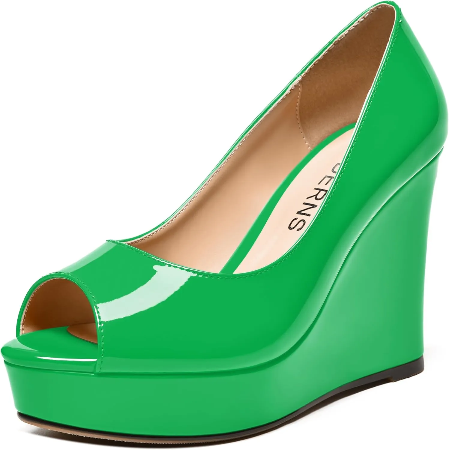 WAYDERNS Womens Slip On Patent Peep Toe Solid Wedding Dress Wedge High Heel Pumps Shoes 4 Inch Platform