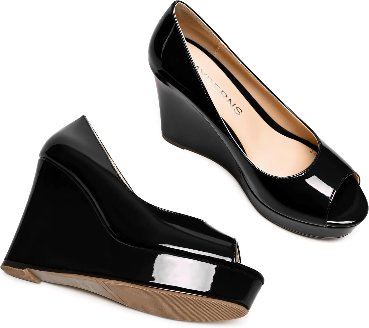WAYDERNS Womens Slip On Patent Peep Toe Solid Wedding Dress Wedge High Heel Pumps Shoes 4 Inch Platform