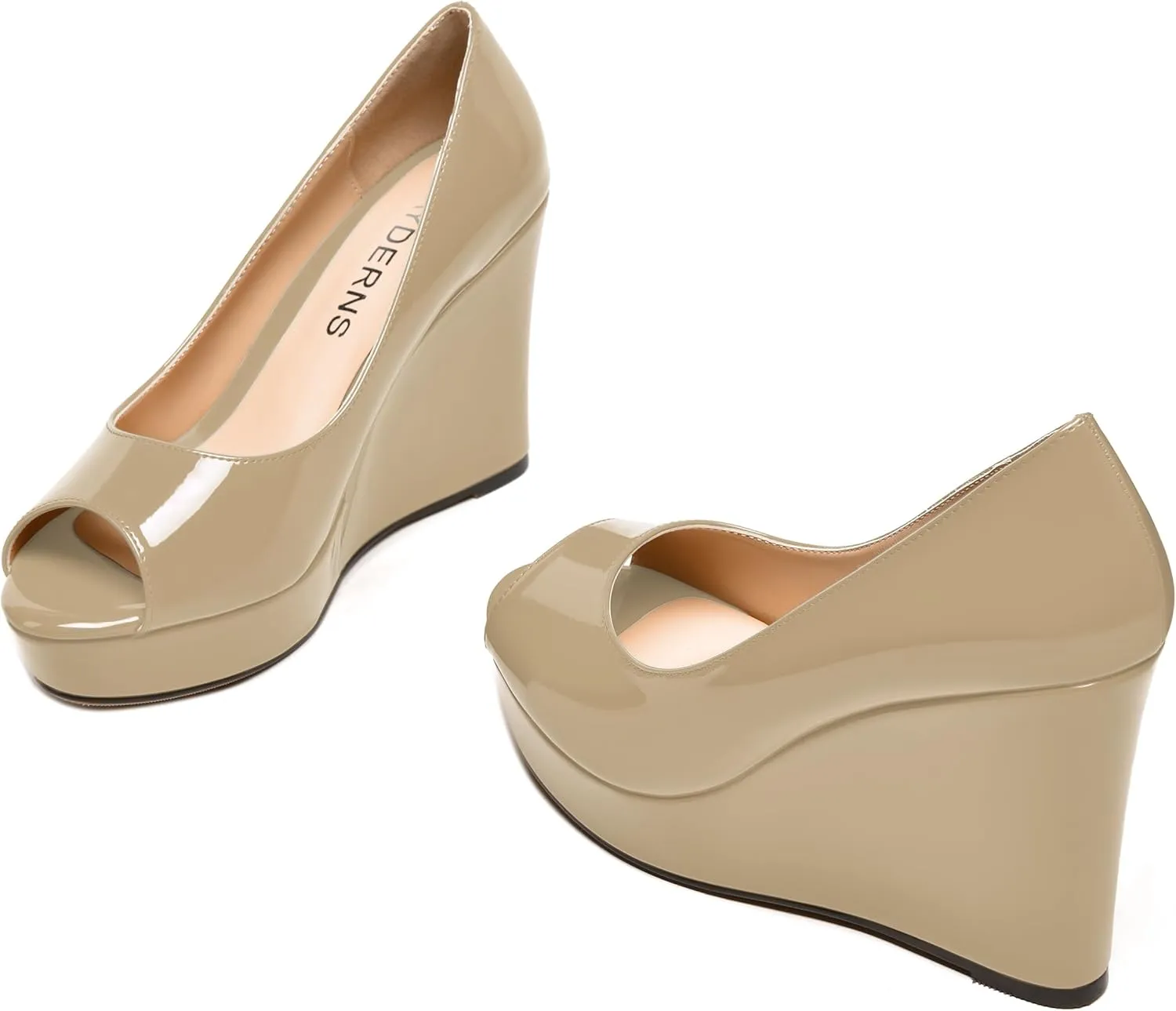 WAYDERNS Womens Slip On Patent Peep Toe Solid Wedding Dress Wedge High Heel Pumps Shoes 4 Inch Platform