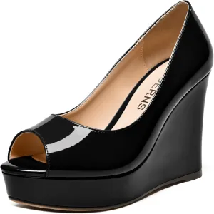 WAYDERNS Womens Slip On Patent Peep Toe Solid Wedding Dress Wedge High Heel Pumps Shoes 4 Inch Platform