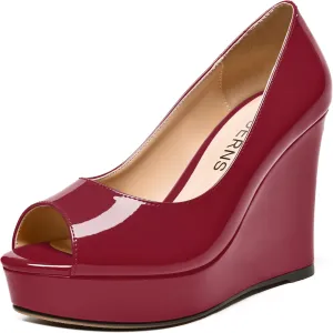 WAYDERNS Womens Slip On Patent Peep Toe Solid Wedding Dress Wedge High Heel Pumps Shoes 4 Inch Platform