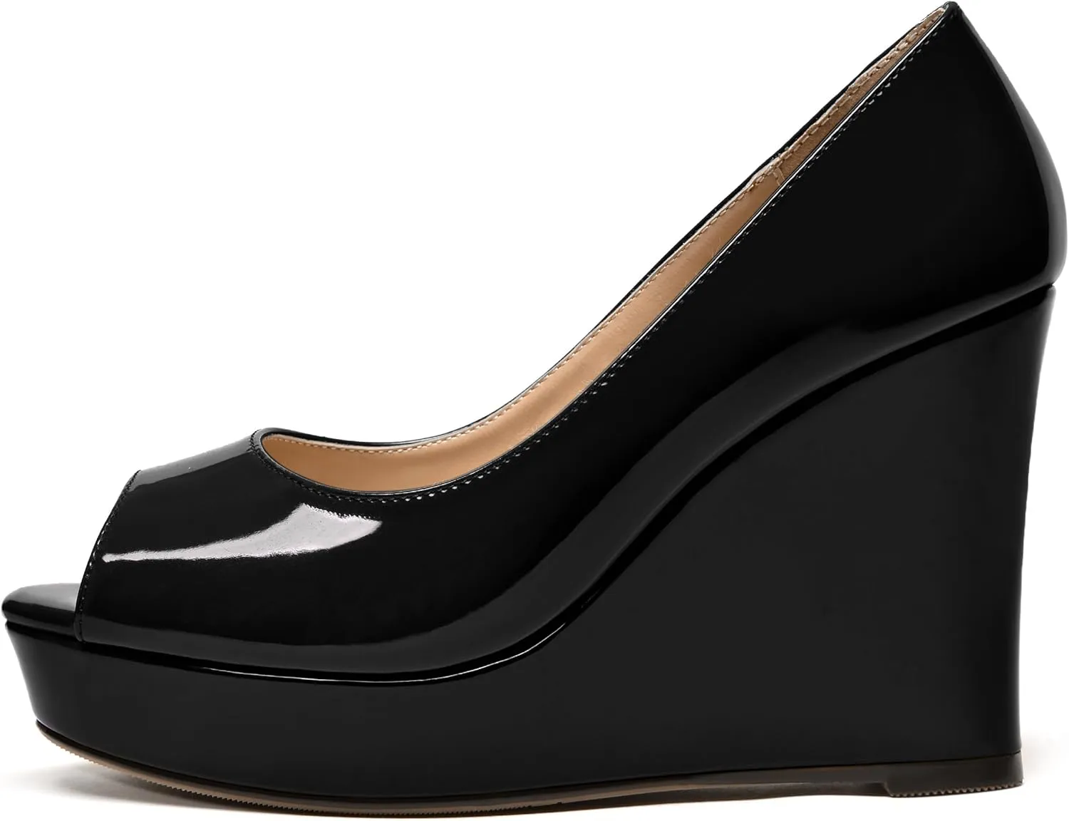 WAYDERNS Womens Slip On Patent Peep Toe Solid Wedding Dress Wedge High Heel Pumps Shoes 4 Inch Platform
