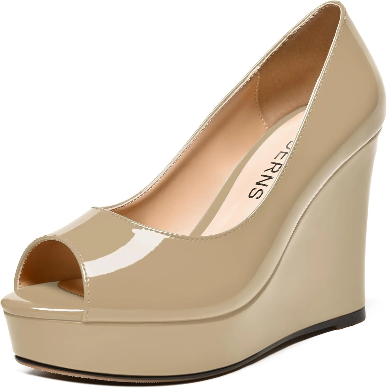 WAYDERNS Womens Slip On Patent Peep Toe Solid Wedding Dress Wedge High Heel Pumps Shoes 4 Inch Platform