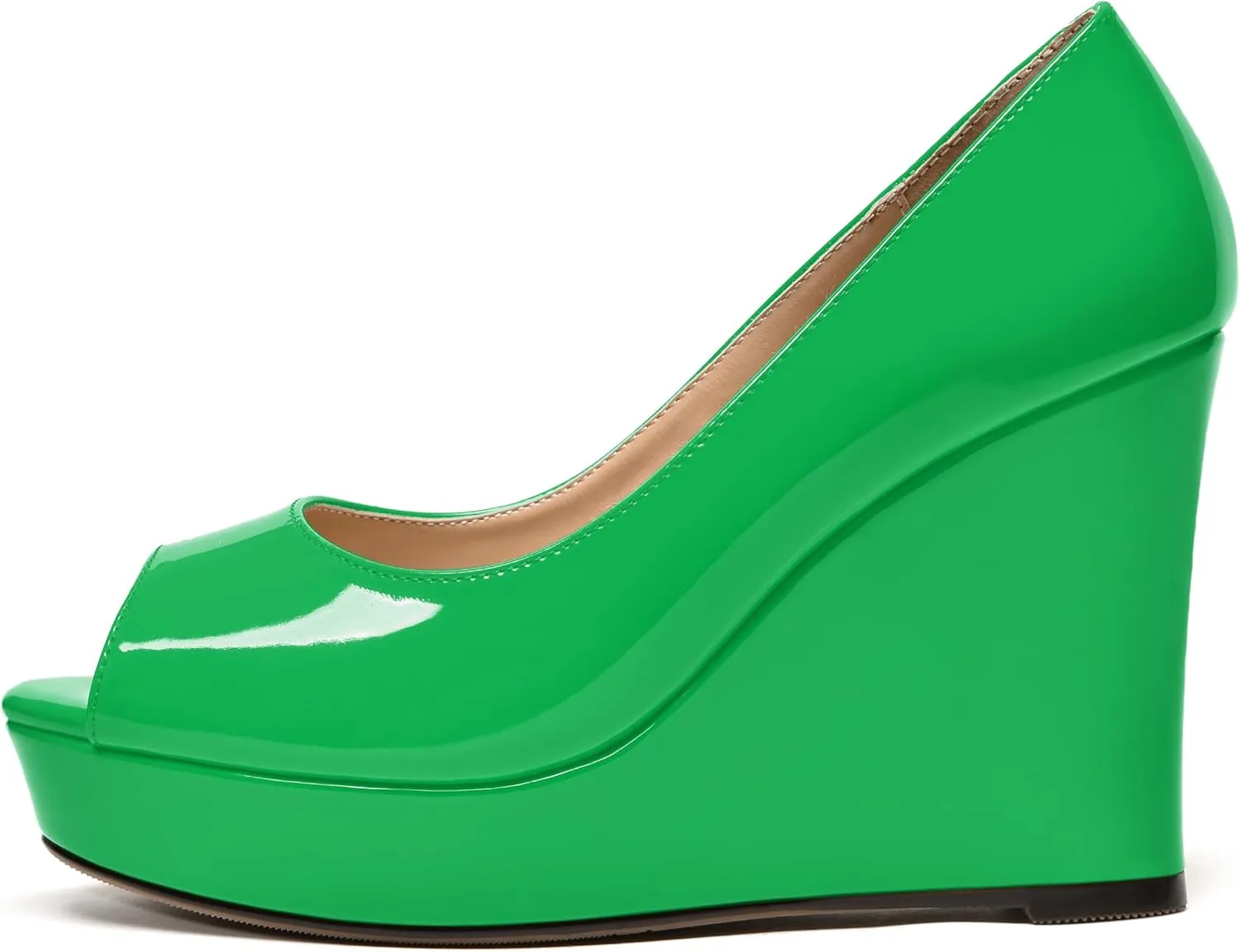 WAYDERNS Womens Slip On Patent Peep Toe Solid Wedding Dress Wedge High Heel Pumps Shoes 4 Inch Platform