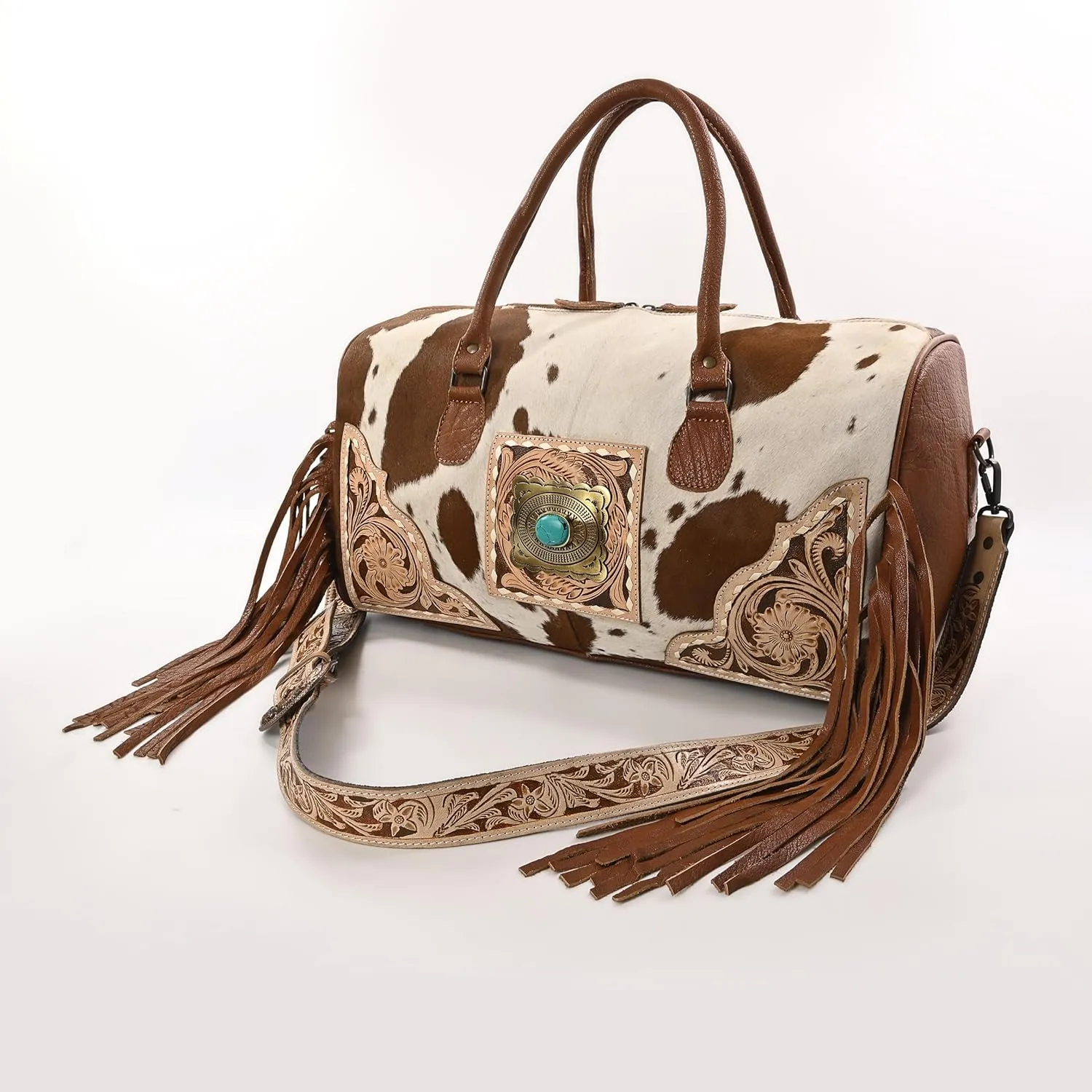 Weekender Duffle Bag For Women Large Travel Tote Bag, Cowhide Tooled Harness with Tassel Leather Duffle Bag