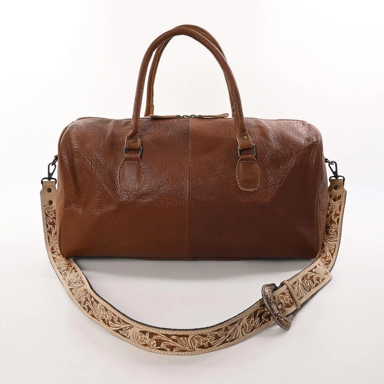 Weekender Duffle Bag For Women Large Travel Tote Bag, Cowhide Tooled Harness with Tassel Leather Duffle Bag
