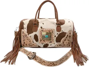 Weekender Duffle Bag For Women Large Travel Tote Bag, Cowhide Tooled Harness with Tassel Leather Duffle Bag