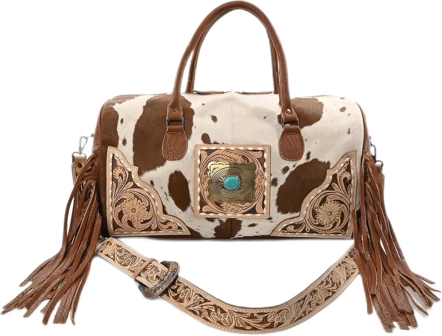 Weekender Duffle Bag For Women Large Travel Tote Bag, Cowhide Tooled Harness with Tassel Leather Duffle Bag