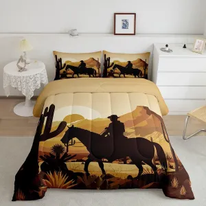 Western Full Size Comforter Set,Cowboy Wild Horse Desert Cactus Bedding Comforters Bedroom Collection,Natural Sunset Scenery African Bedding Set for Girls Teens
