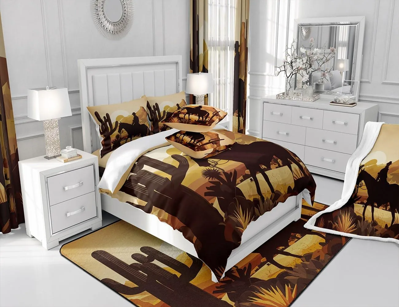 Western Full Size Comforter Set,Cowboy Wild Horse Desert Cactus Bedding Comforters Bedroom Collection,Natural Sunset Scenery African Bedding Set for Girls Teens