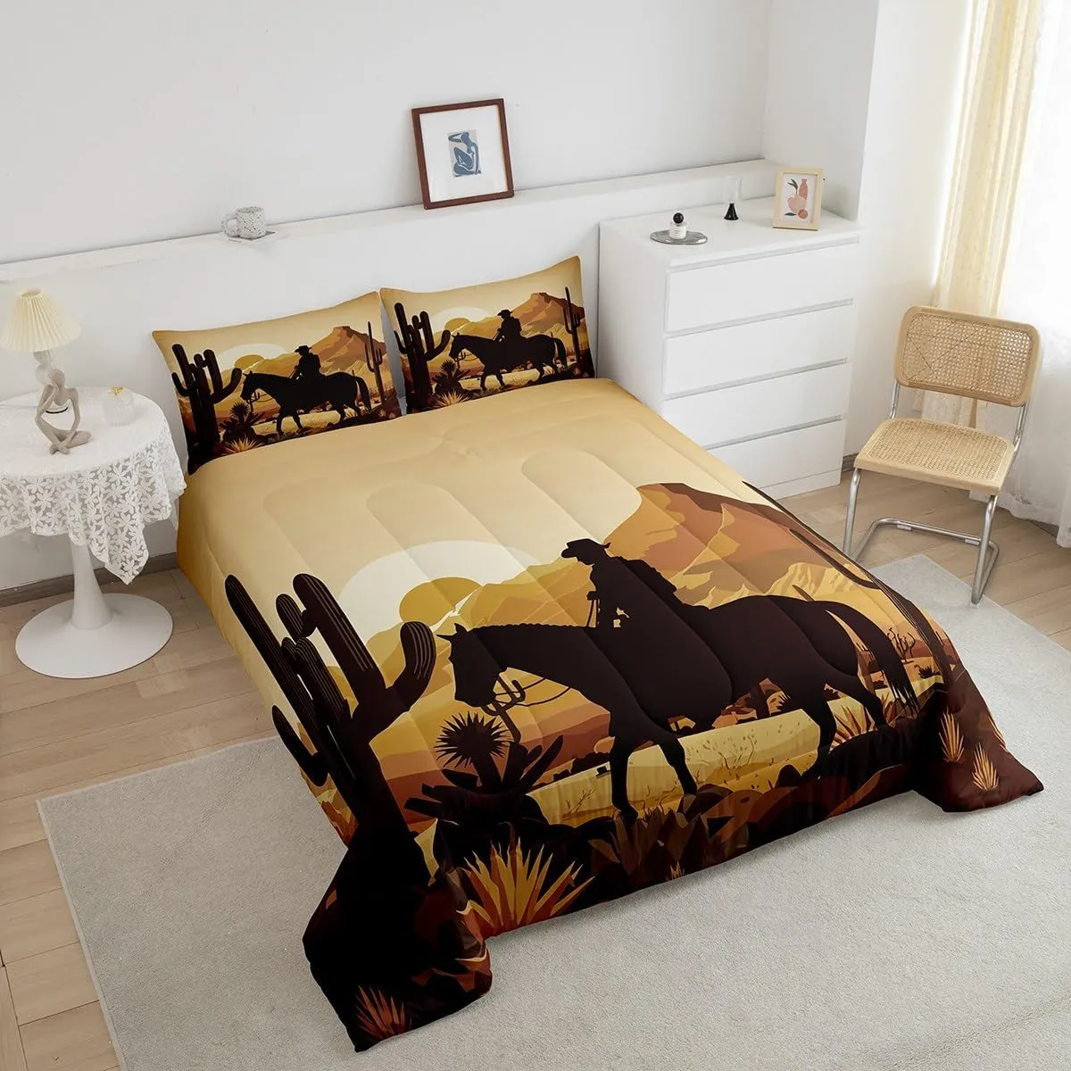 Western Full Size Comforter Set,Cowboy Wild Horse Desert Cactus Bedding Comforters Bedroom Collection,Natural Sunset Scenery African Bedding Set for Girls Teens