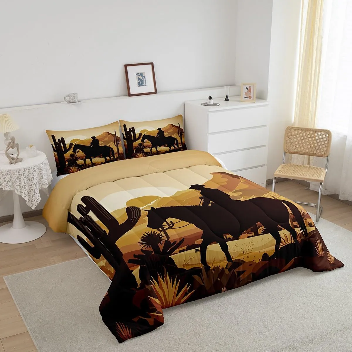 Western Full Size Comforter Set,Cowboy Wild Horse Desert Cactus Bedding Comforters Bedroom Collection,Natural Sunset Scenery African Bedding Set for Girls Teens