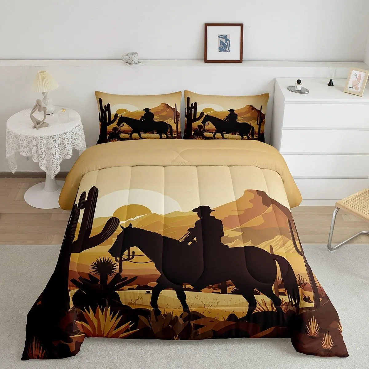 Western Full Size Comforter Set,Cowboy Wild Horse Desert Cactus Bedding Comforters Bedroom Collection,Natural Sunset Scenery African Bedding Set for Girls Teens