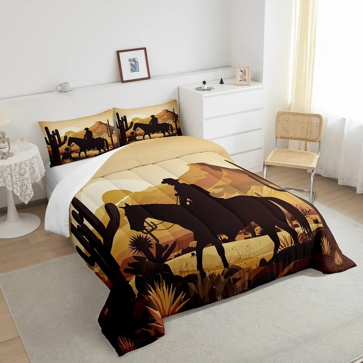 Western Full Size Comforter Set,Cowboy Wild Horse Desert Cactus Bedding Comforters Bedroom Collection,Natural Sunset Scenery African Bedding Set for Girls Teens