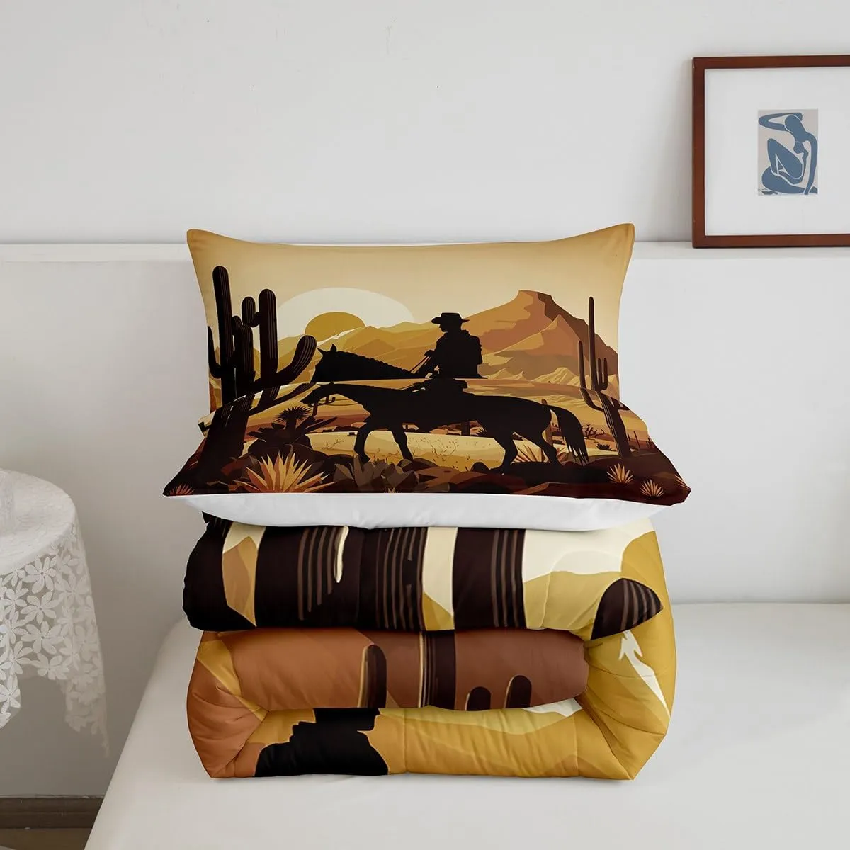 Western Full Size Comforter Set,Cowboy Wild Horse Desert Cactus Bedding Comforters Bedroom Collection,Natural Sunset Scenery African Bedding Set for Girls Teens