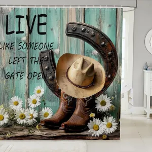 Western Shower Curtain Set Disco Boots and Hat Cap Rustic Daisy Flowers Bath Curtain 72"Wx78"L,Retro Farmhouse Cabin Bathroom Accessories Groovy Cottage Old Barn Door Cowboys Gifts for Men