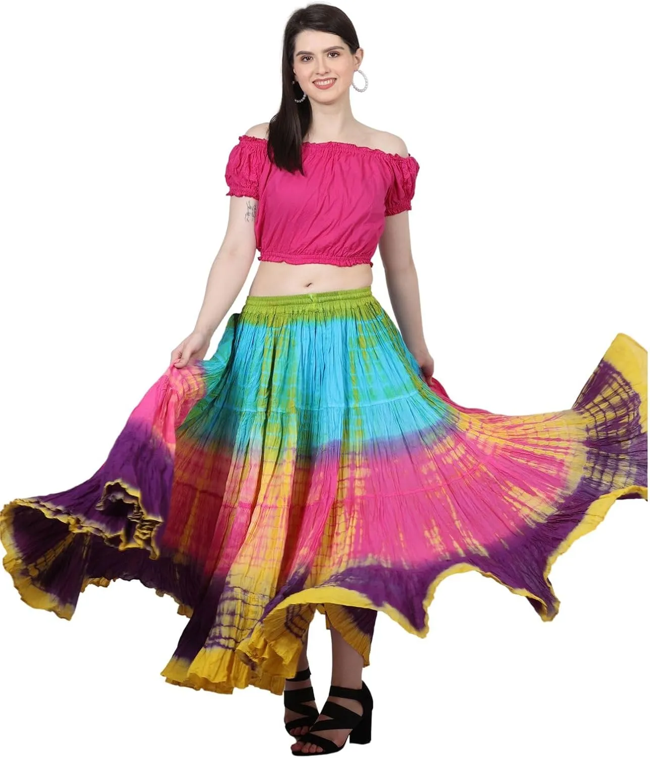 Wevez Women's 25 Yard Casual High Waist Long Maxi Skirt with Elastic Waistband Flared Cotton Skirts for Women
