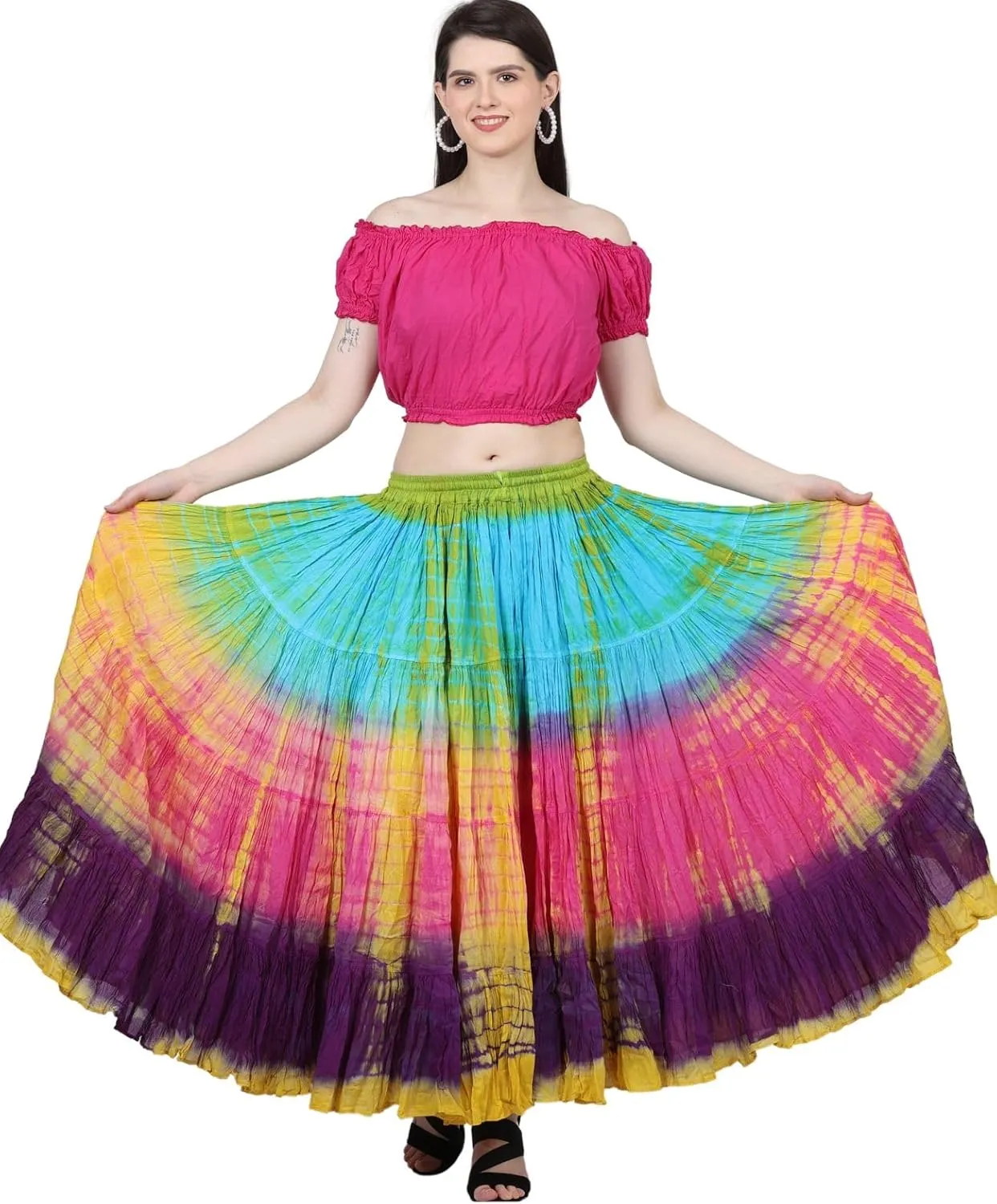 Wevez Women's 25 Yard Casual High Waist Long Maxi Skirt with Elastic Waistband Flared Cotton Skirts for Women
