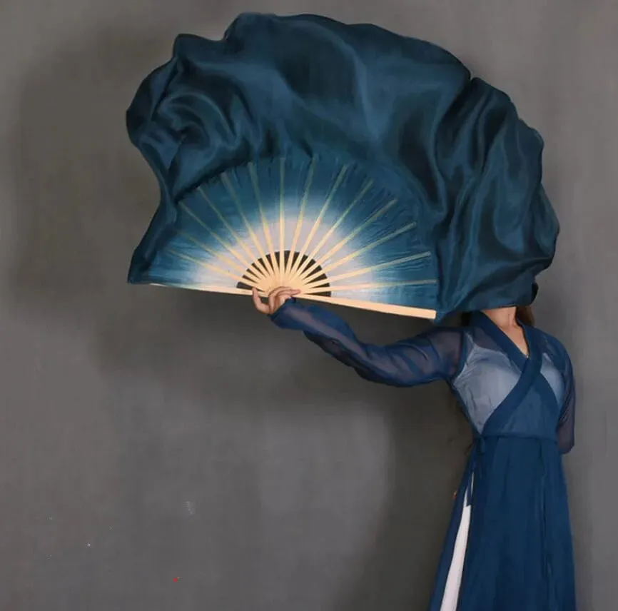 White Navy Blue Gradient Silk Fan Veils 20" Double Layer Prop for Dance & Performance