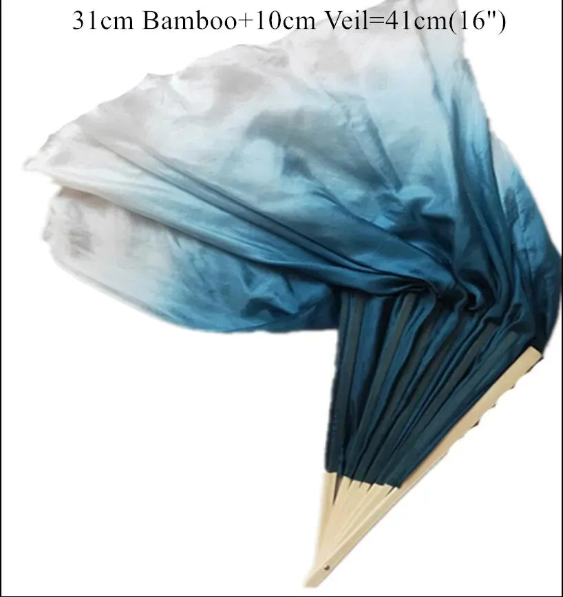White Navy Blue Gradient Silk Fan Veils 20" Double Layer Prop for Dance & Performance